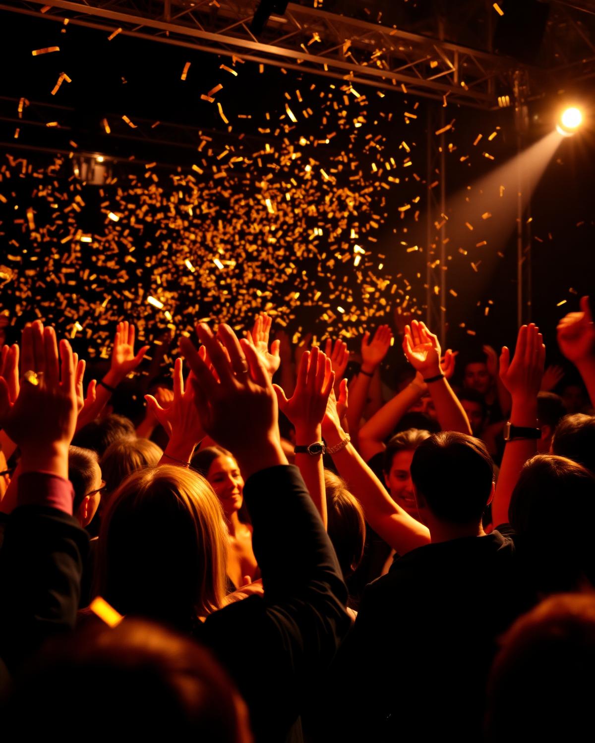 Celebrating crowd with golden confetti