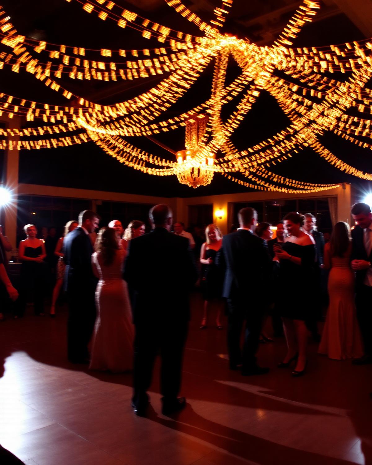 Guests dancing under string lights