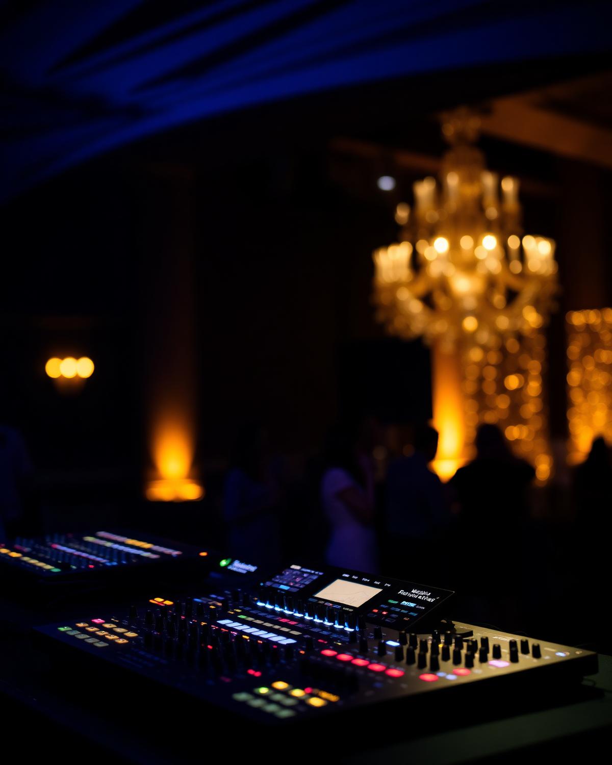 DJ booth with warm uplighting at an evening event