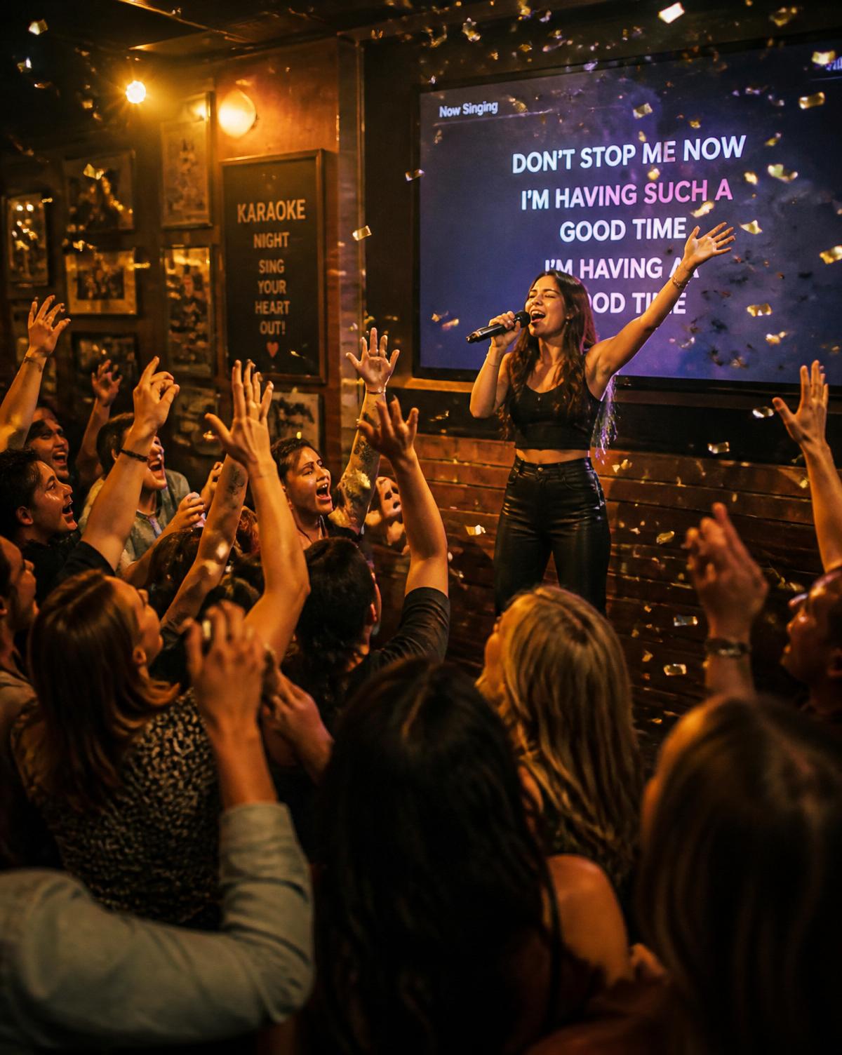 Karaoke singer performing to a cheering crowd with lyrics on screen