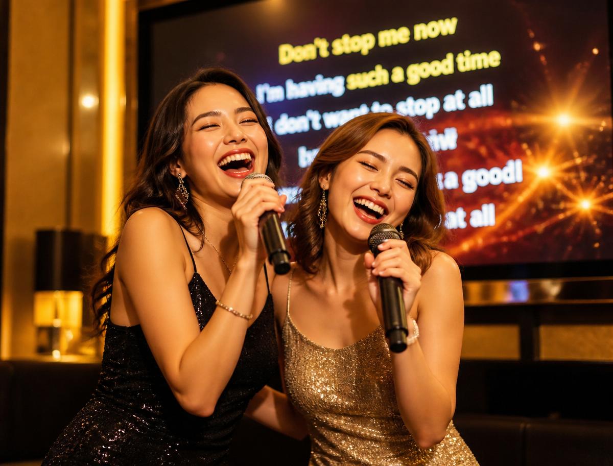 Two friends laughing and singing a duet on karaoke mics