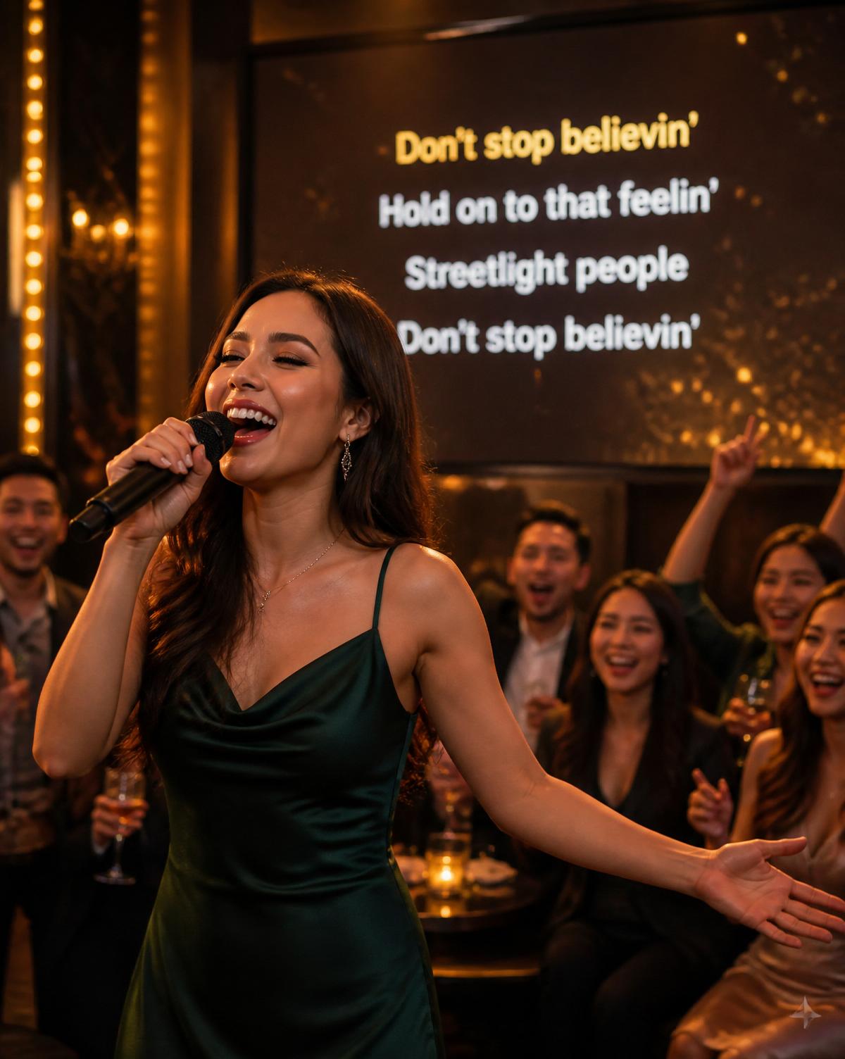 Woman singing into a wireless microphone at a karaoke night