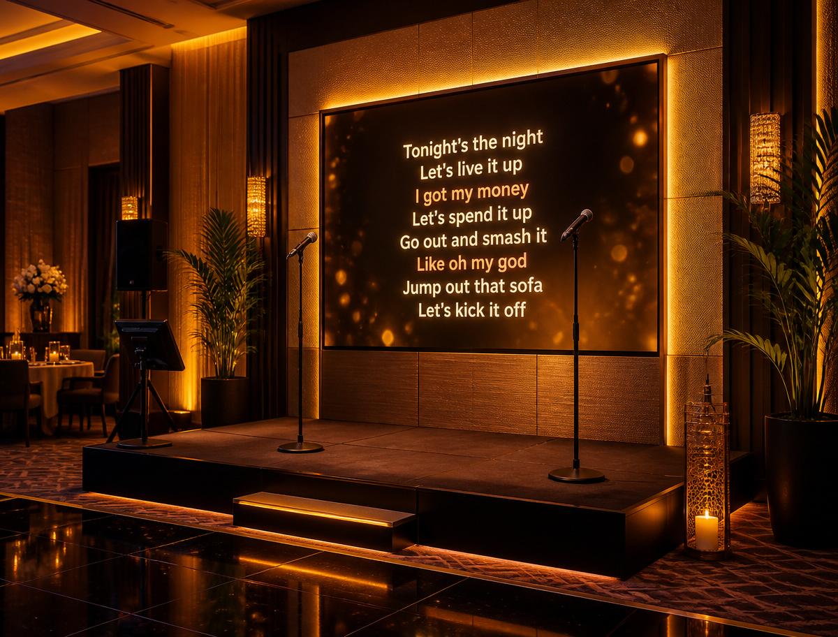 Karaoke stage with glowing lyrics screen and pro microphones